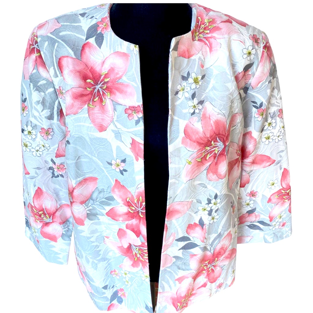 Vintage Floral Blazer Alfred Dunner White Pink Gray Open Front Jacket Women's 16